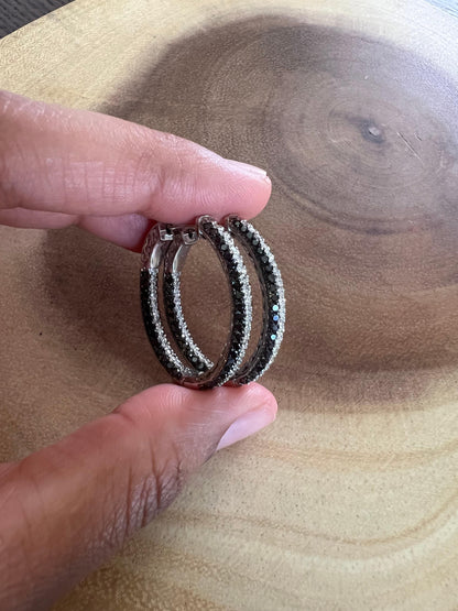 3.21 Carat Black Diamond White Diamond Hoop White Gold Earrings