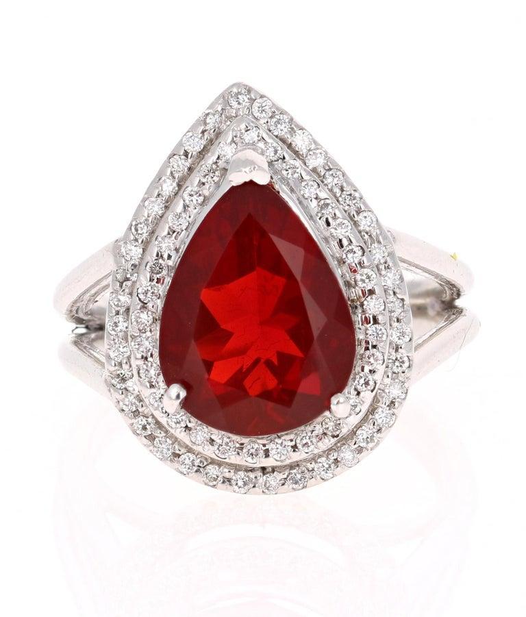 3.29 Carat Fire Opal Diamond White Gold Cocktail Ring