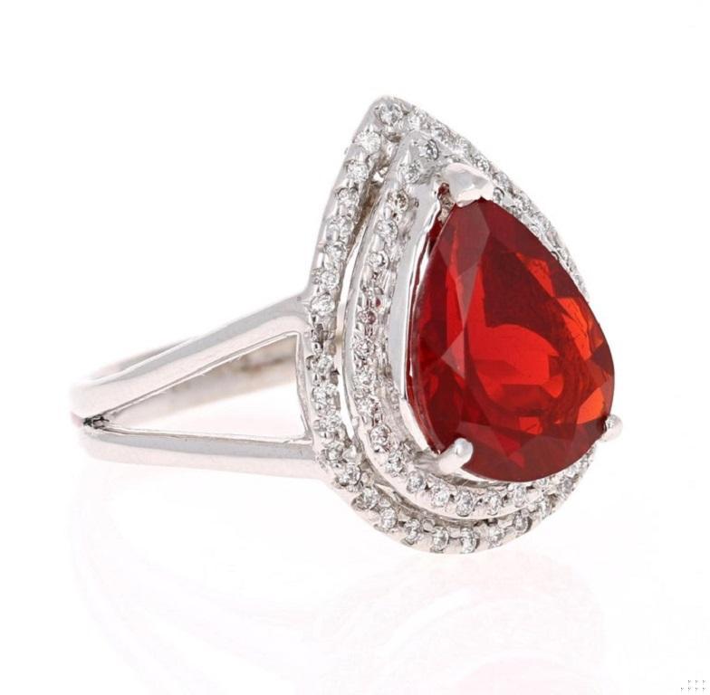 3.29 Carat Fire Opal Diamond White Gold Cocktail Ring