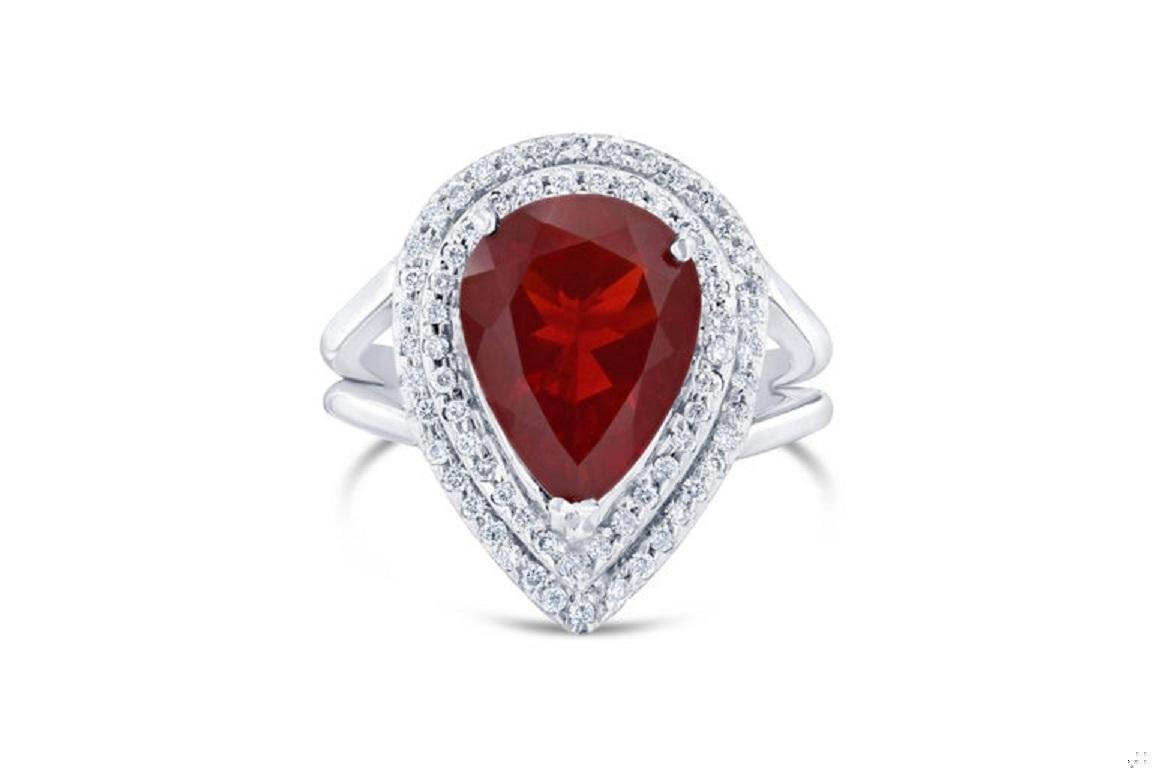 3.29 Carat Fire Opal Diamond White Gold Cocktail Ring
