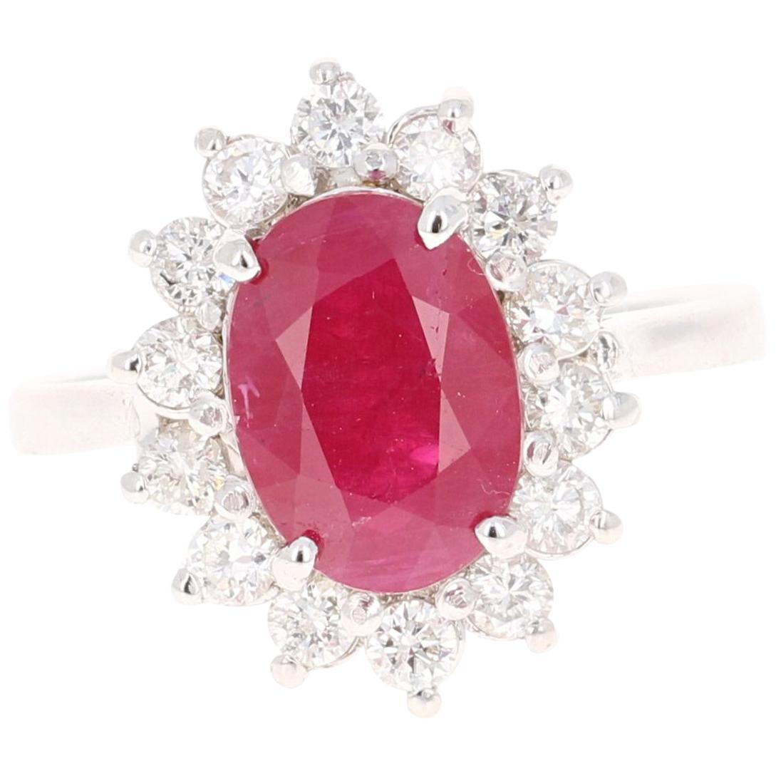 3.32 Carat Oval Cut Ruby Diamond 14 Karat White Gold Ballerina Ring