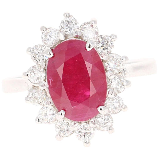 3.32 Carat Oval Cut Ruby Diamond 14 Karat White Gold Ballerina Ring