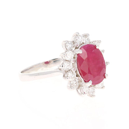 3.32 Carat Oval Cut Ruby Diamond 14 Karat White Gold Ballerina Ring