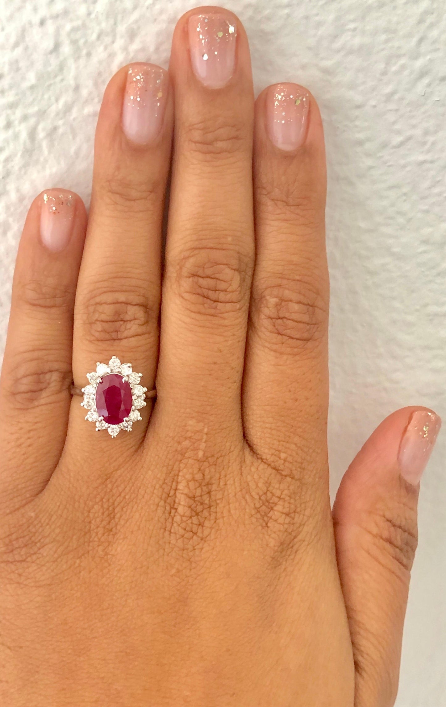 3.32 Carat Oval Cut Ruby Diamond 14 Karat White Gold Ballerina Ring