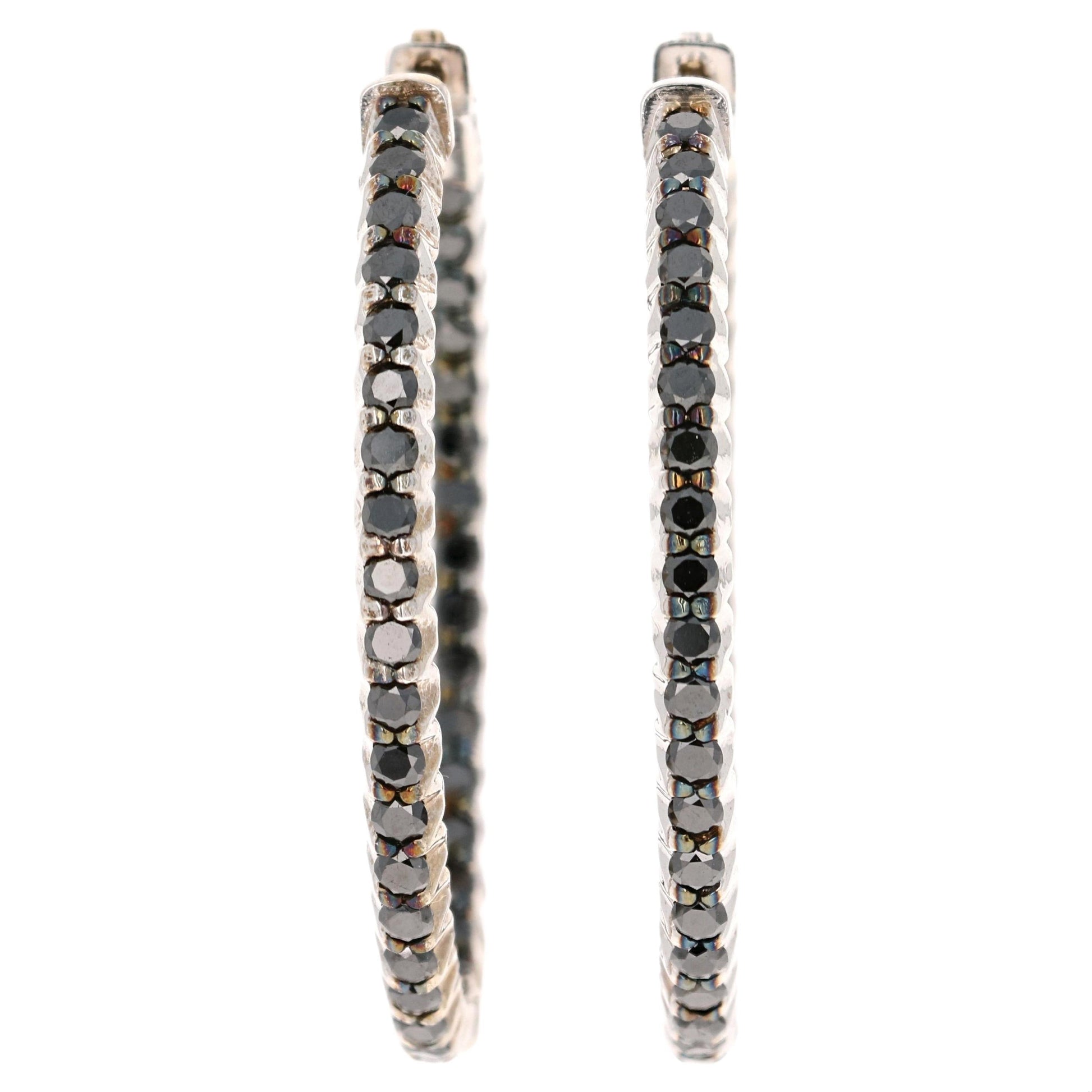 3.33 Carat Black Diamond 14 Karat White Gold Hoop Earrings