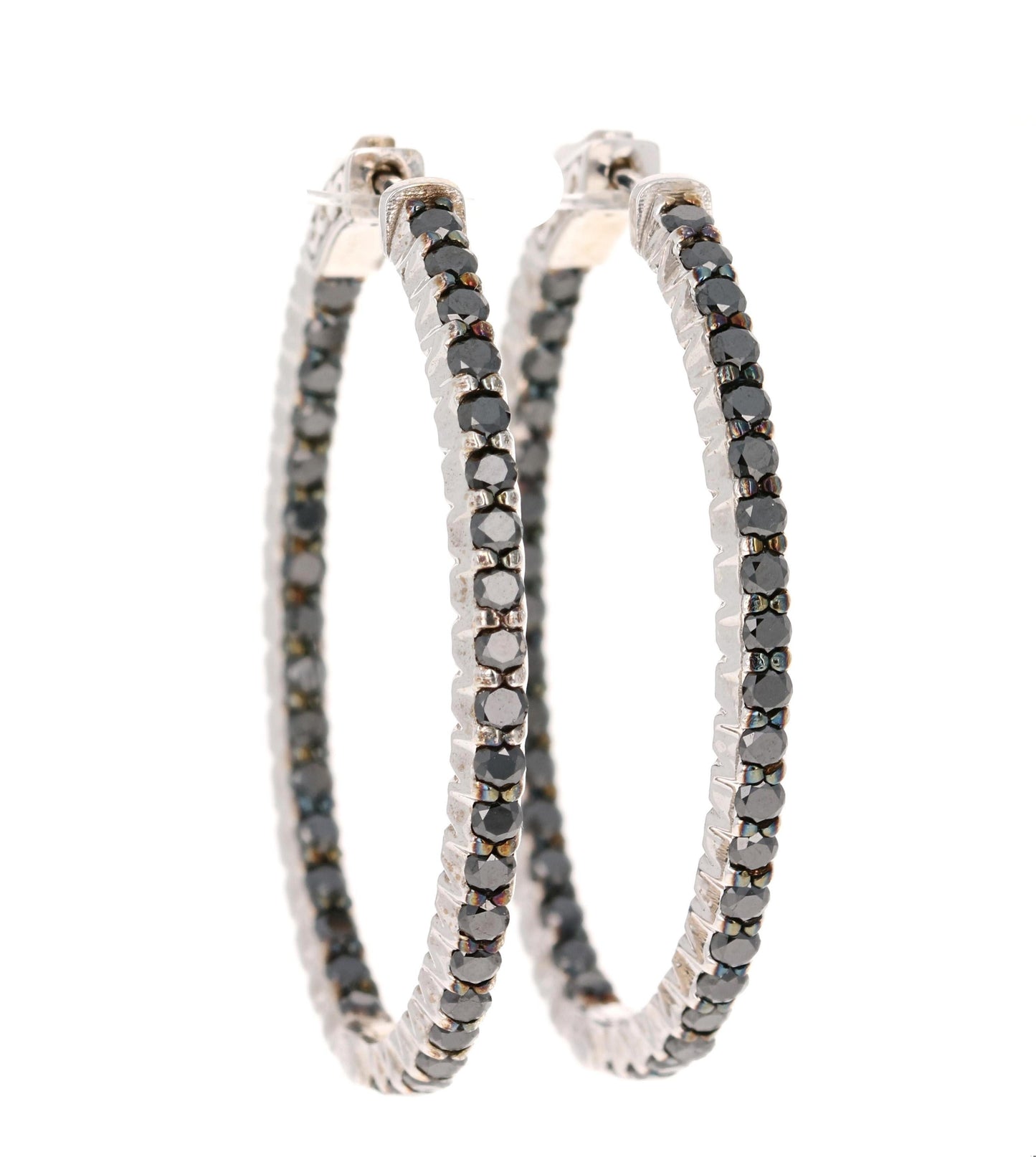 3.33 Carat Black Diamond 14 Karat White Gold Hoop Earrings