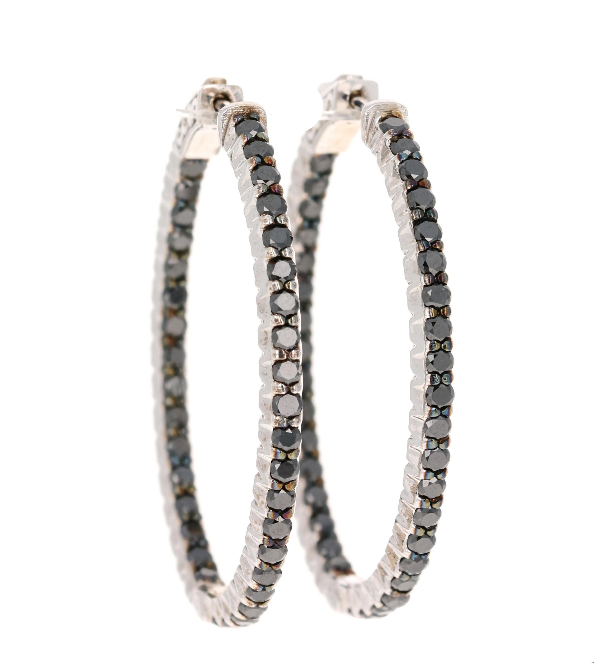 3.33 Carat Black Diamond 14 Karat White Gold Hoop Earrings