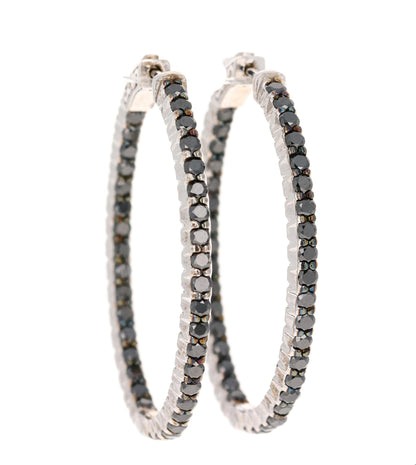 3.33 Carat Black Diamond 14 Karat White Gold Hoop Earrings