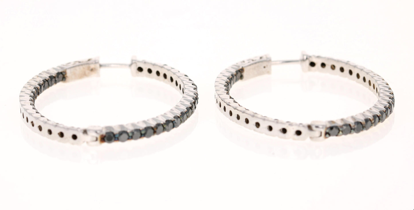 3.33 Carat Black Diamond 14 Karat White Gold Hoop Earrings