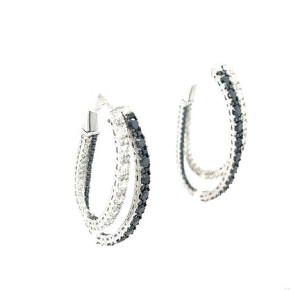 3.34 Carat Black Diamond White Diamond 14 Karat White Gold Double Hoop Earrings
