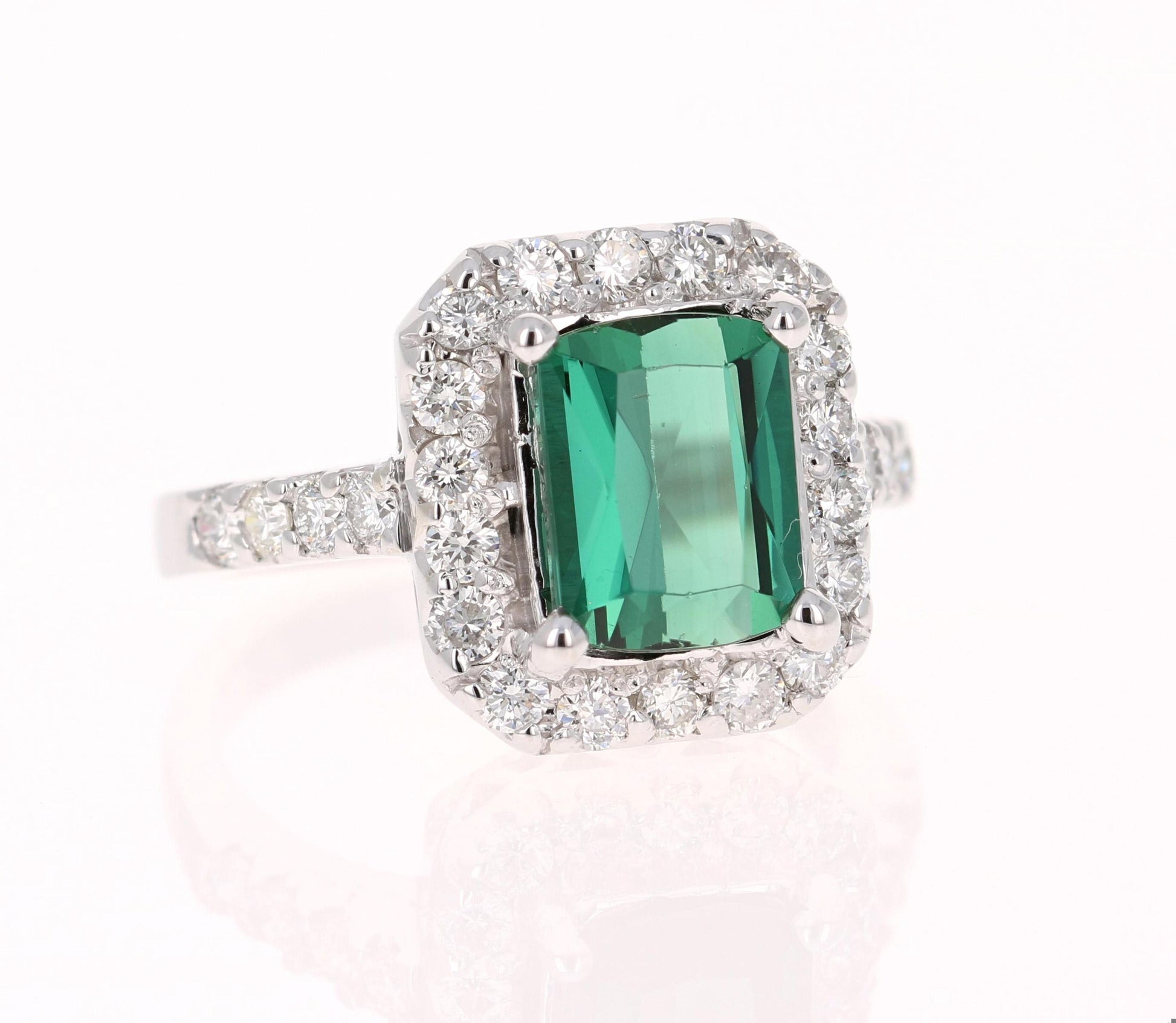 3.34 Carat Green Tourmaline Diamond White Gold Engagement Ring