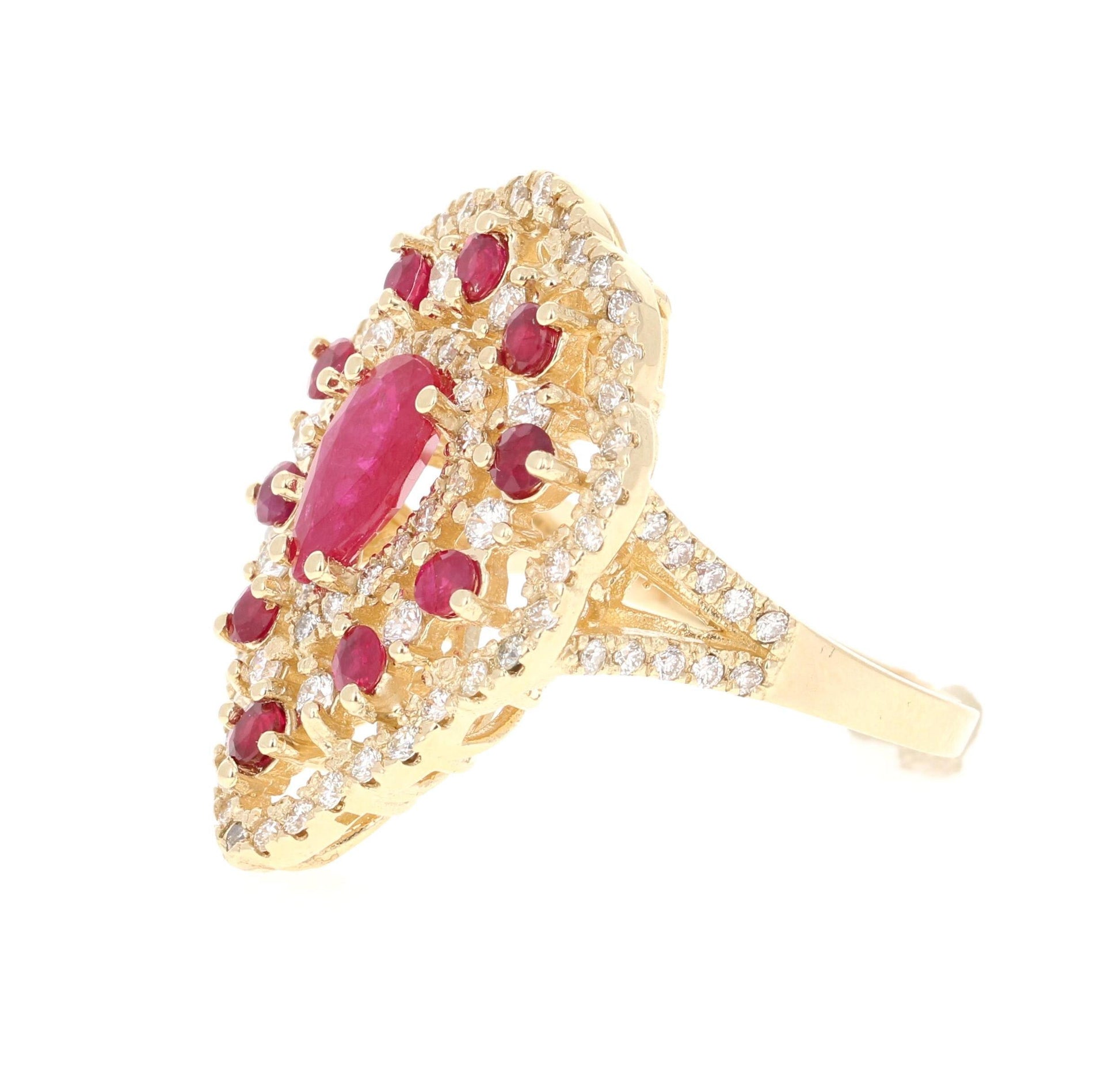 3.38 Carat Ruby Diamond 14 Karat Yellow Gold Cocktail Ring