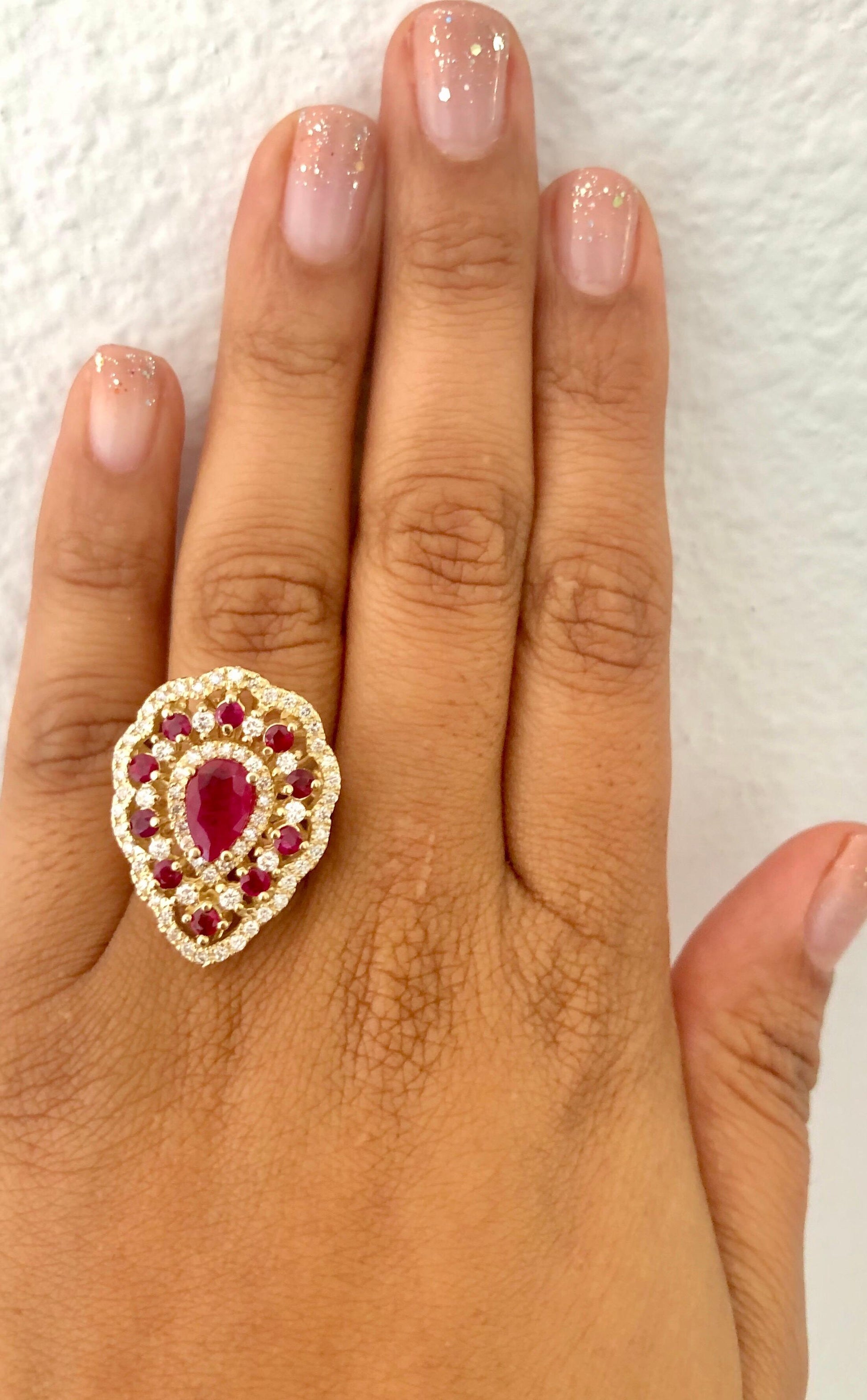 3.38 Carat Ruby Diamond 14 Karat Yellow Gold Cocktail Ring