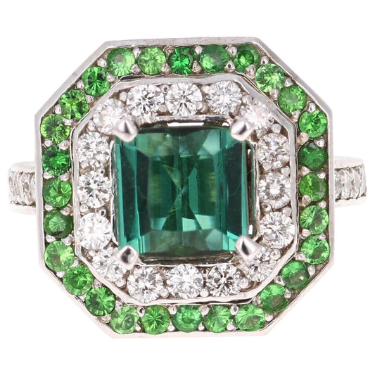 3.45 Carat Green Tourmaline Diamond 14 Karat White Gold Cocktail Ring