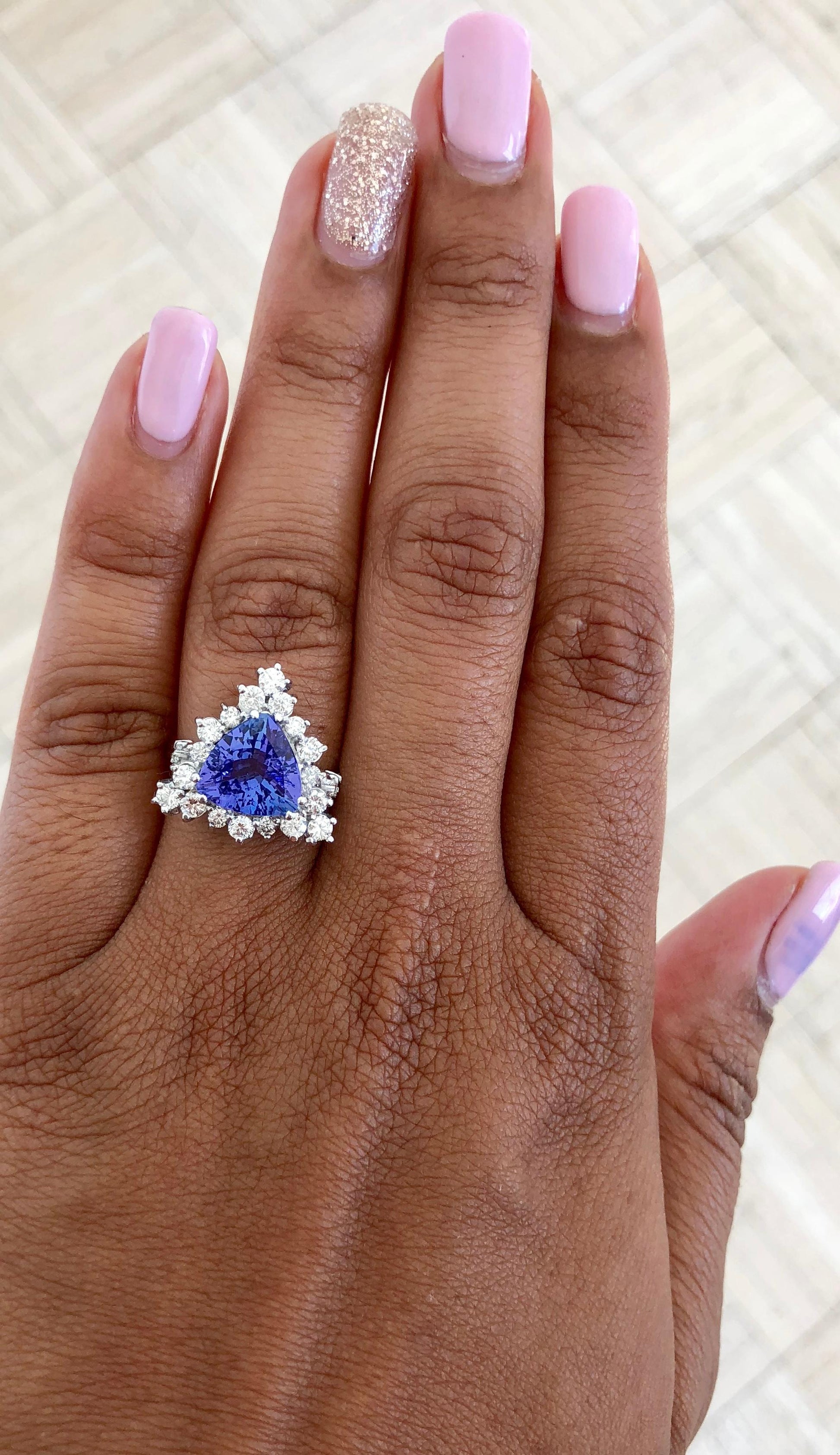 3.45 Carat Trillion Cut Tanzanite Diamond Cocktail Ring 14 Karat White Gold
