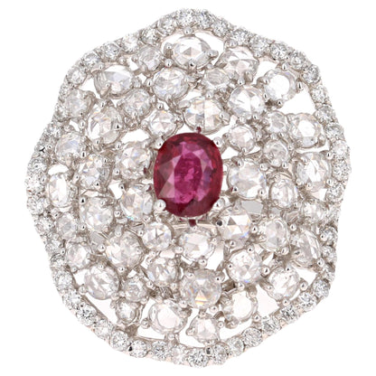 3.61 Carat Ruby Rose Cut Diamond 14 Karat White Gold Cocktail Ring
