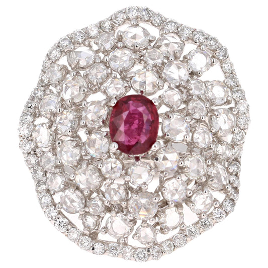 3.61 Carat Ruby Rose Cut Diamond 14 Karat White Gold Cocktail Ring