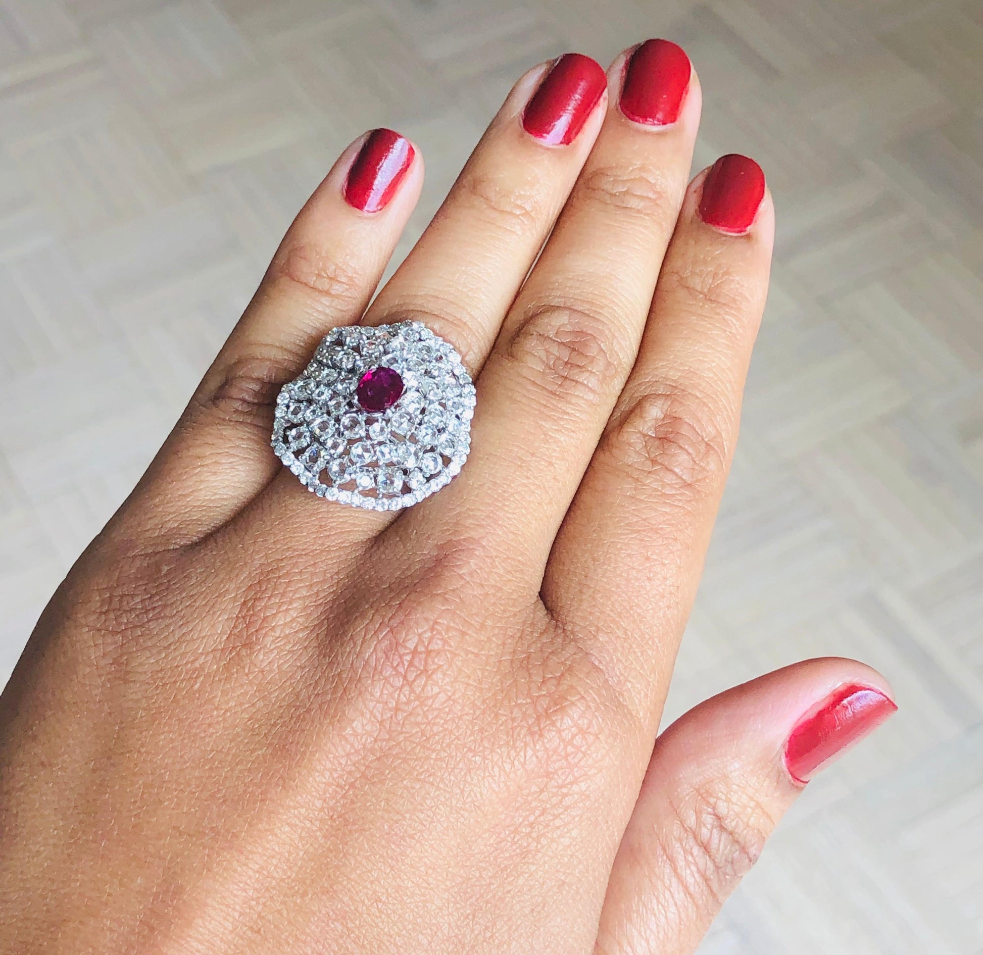 3.61 Carat Ruby Rose Cut Diamond 14 Karat White Gold Cocktail Ring
