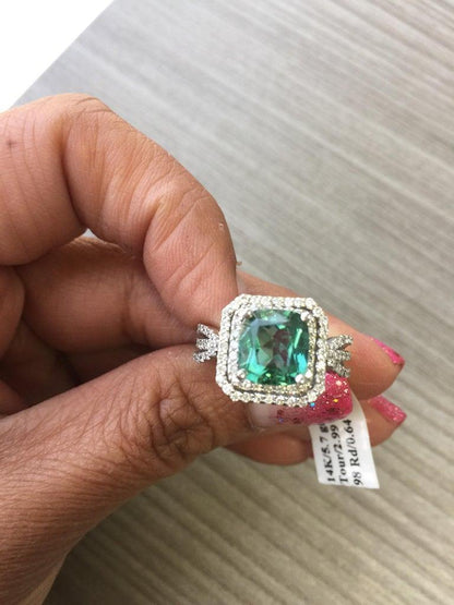 3.63 Carat Green Tourmaline Diamond White Gold Cocktail Ring