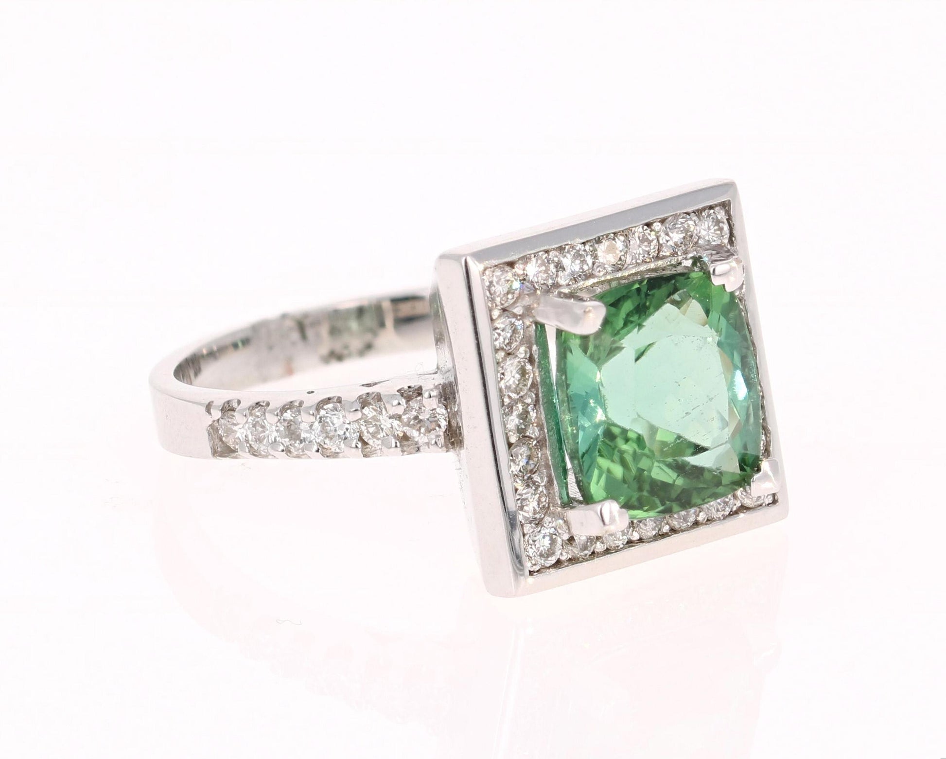 3.81 Carat Green Tourmaline Diamond White Gold Cocktail Ring