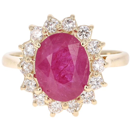 3.82 Carat Oval Cut Ruby Diamond 14 Karat Yellow Gold Ballerina Ring