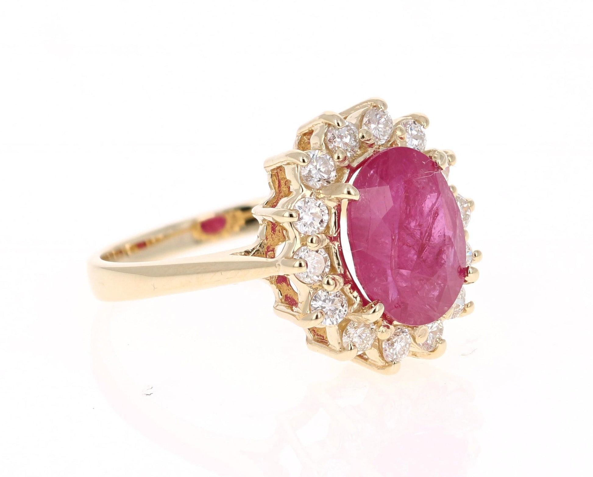3.82 Carat Oval Cut Ruby Diamond 14 Karat Yellow Gold Ballerina Ring