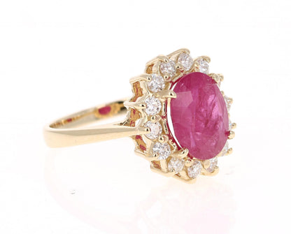 3.82 Carat Oval Cut Ruby Diamond 14 Karat Yellow Gold Ballerina Ring