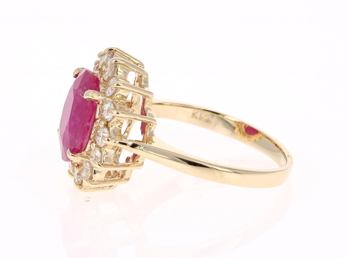 3.82 Carat Oval Cut Ruby Diamond 14 Karat Yellow Gold Ballerina Ring