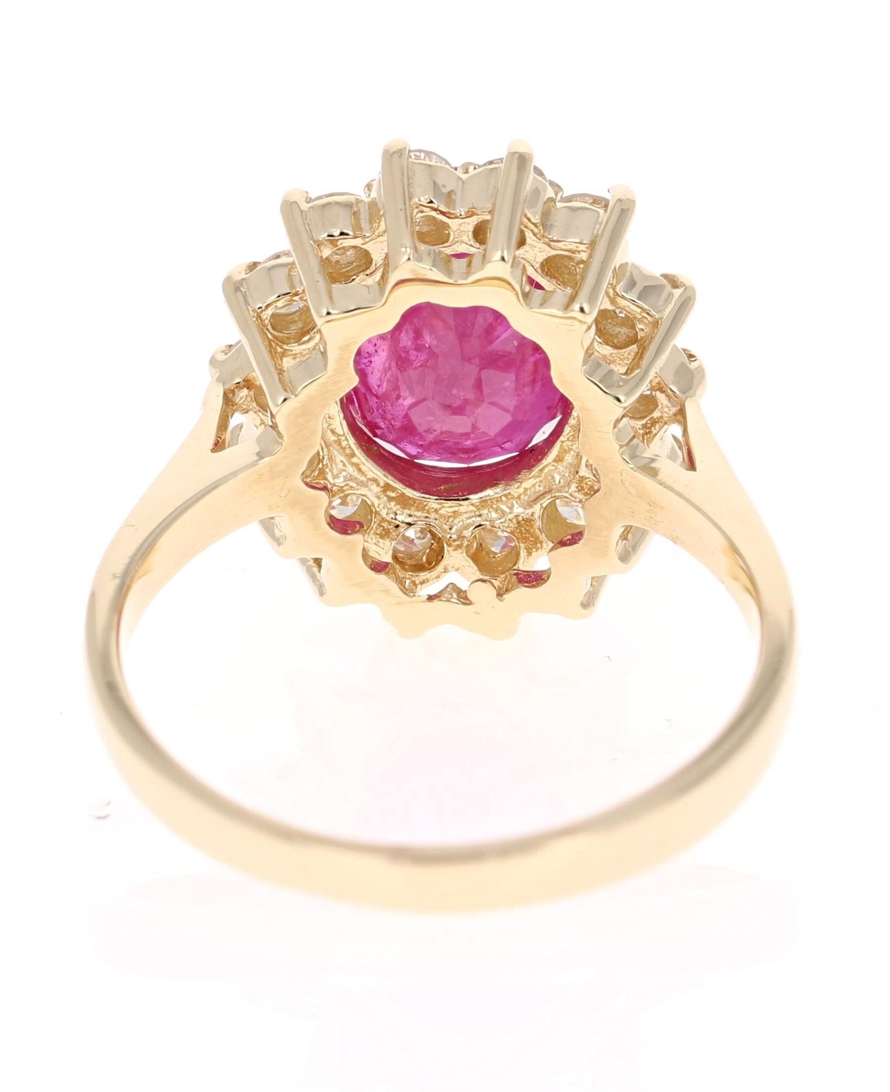3.82 Carat Oval Cut Ruby Diamond 14 Karat Yellow Gold Ballerina Ring