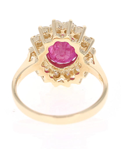 3.82 Carat Oval Cut Ruby Diamond 14 Karat Yellow Gold Ballerina Ring