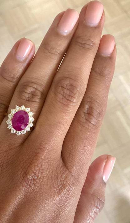 3.82 Carat Oval Cut Ruby Diamond 14 Karat Yellow Gold Ballerina Ring