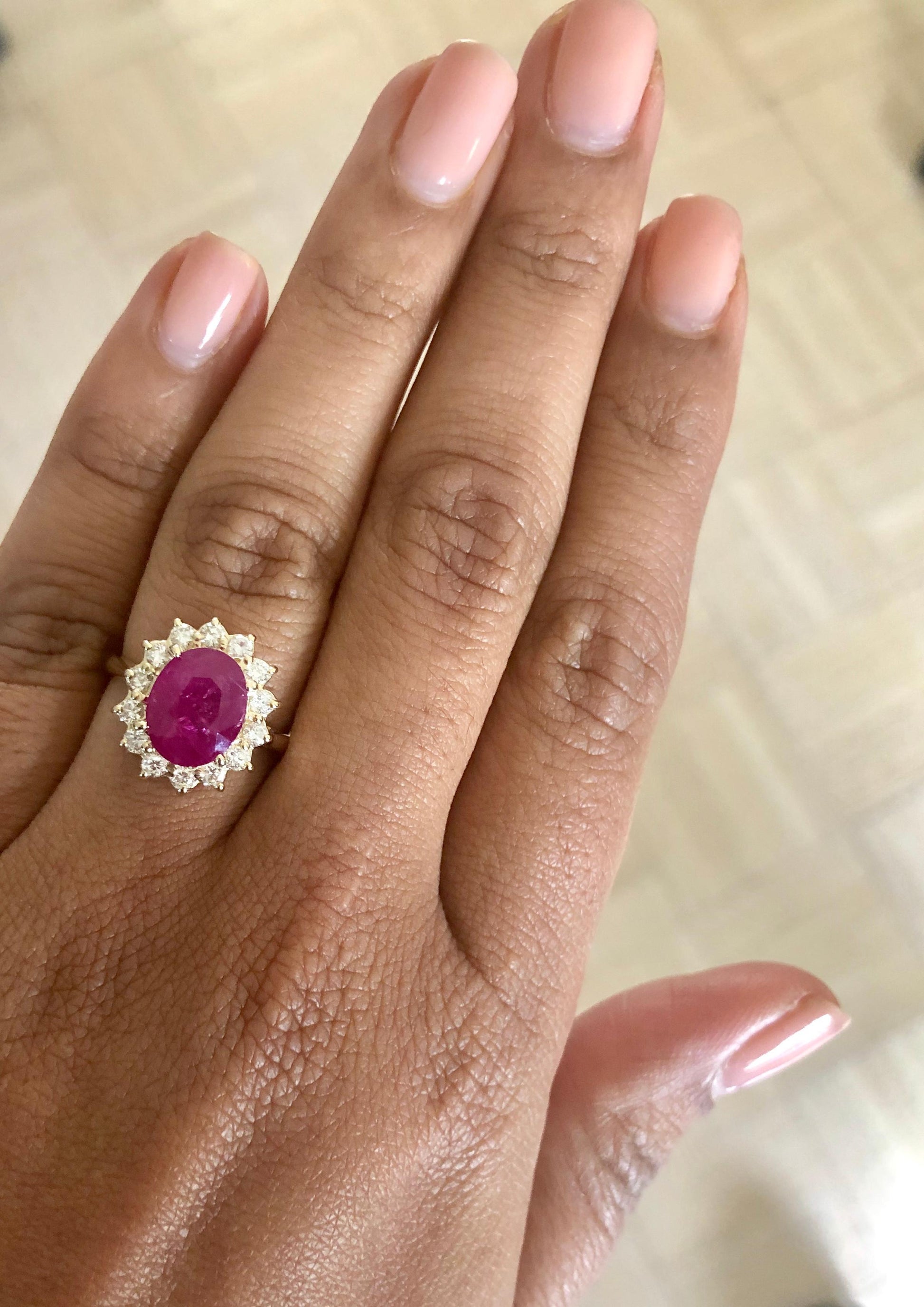 3.82 Carat Oval Cut Ruby Diamond 14 Karat Yellow Gold Ballerina Ring