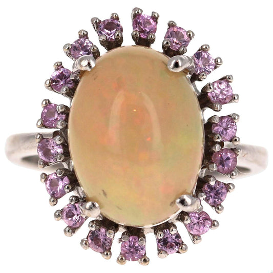 4.16 Carat Opal and Pink Sapphire 14 Karat White Gold Cocktail Ring