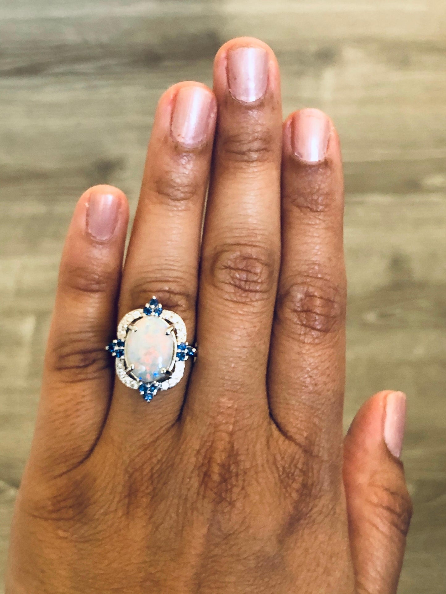 4.27 Carat Opal Blue Sapphire Diamond 14 Karat White Gold Ring