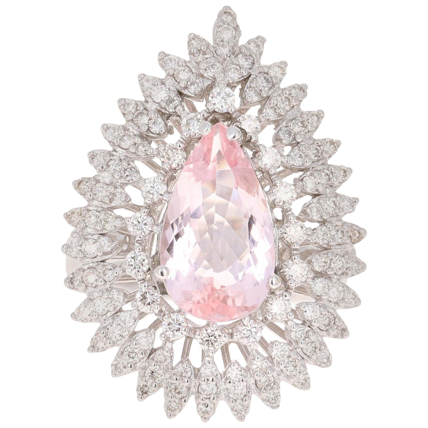 4.29 Carat Morganite Diamond 18 Karat White Gold Cocktail Ring
