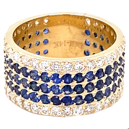4.38 Carat Round Cut Blue Sapphire Diamond Band Yellow Gold