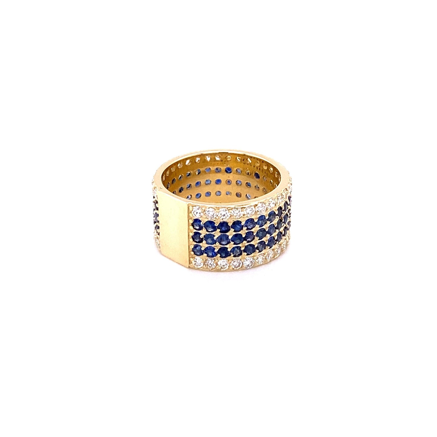 4.38 Carat Round Cut Blue Sapphire Diamond Band Yellow Gold