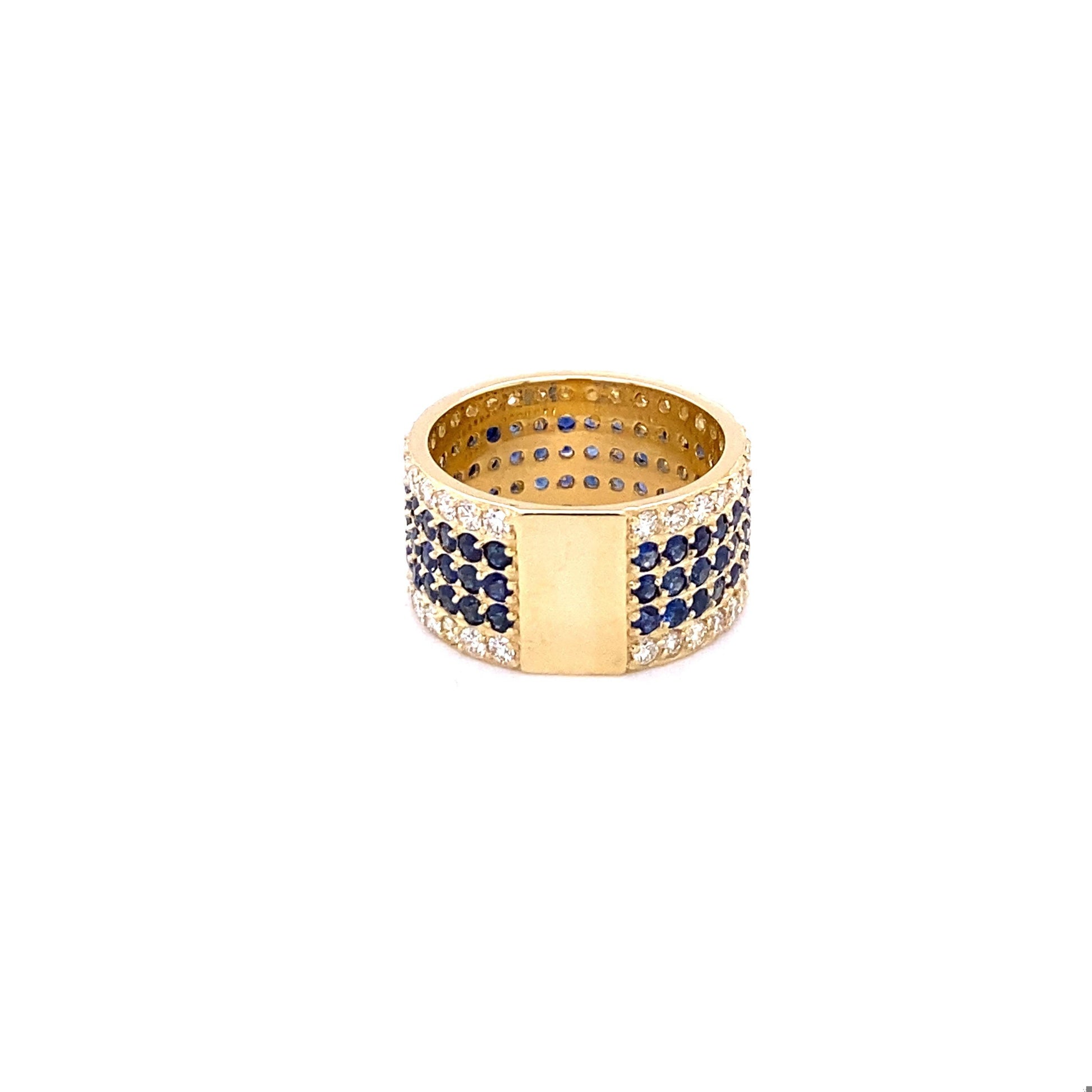 4.38 Carat Round Cut Blue Sapphire Diamond Band Yellow Gold