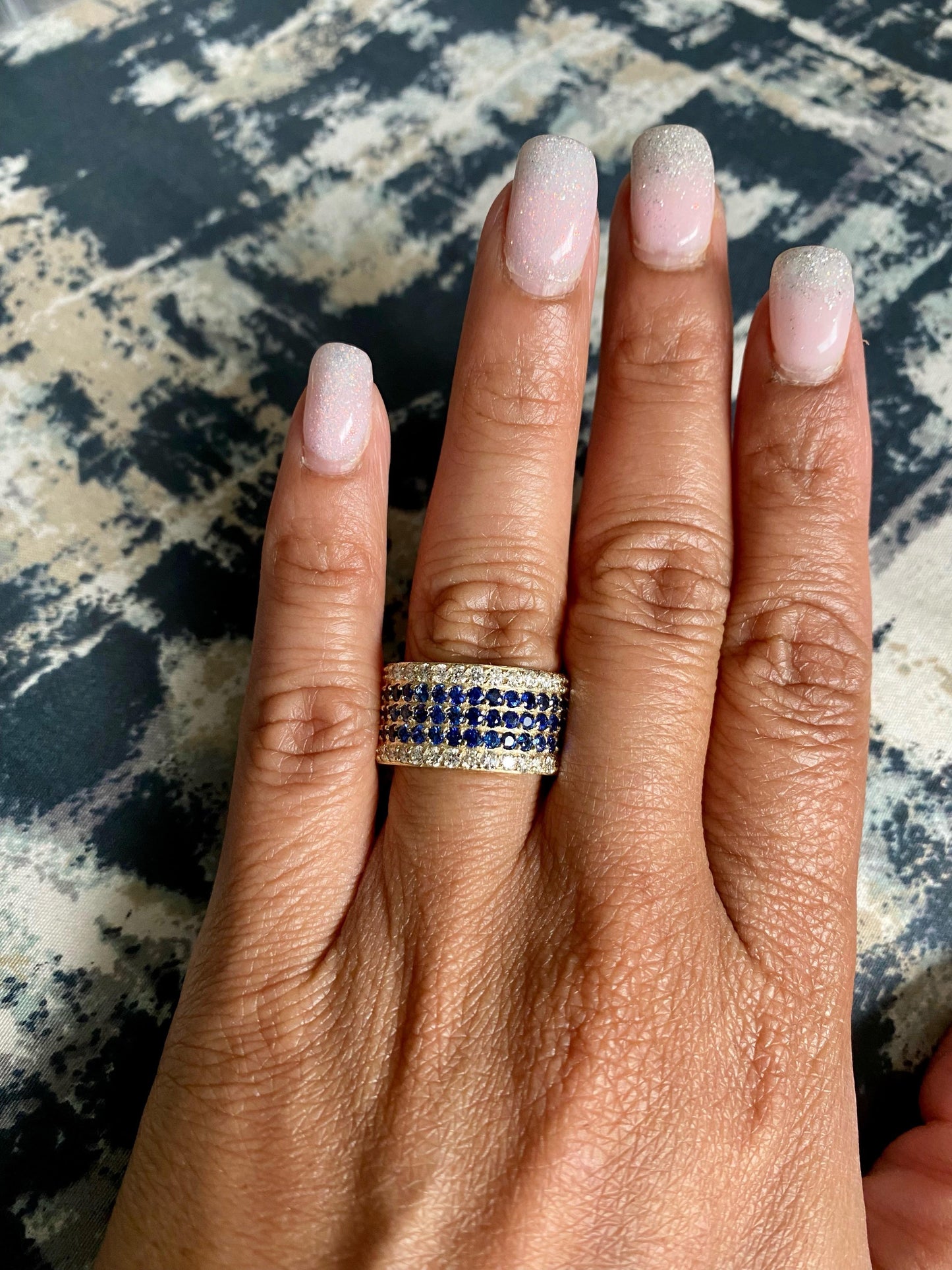4.38 Carat Round Cut Blue Sapphire Diamond Band Yellow Gold