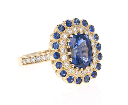 4.46 Carat Blue Sapphire Diamond 14 Karat Yellow Gold Ring