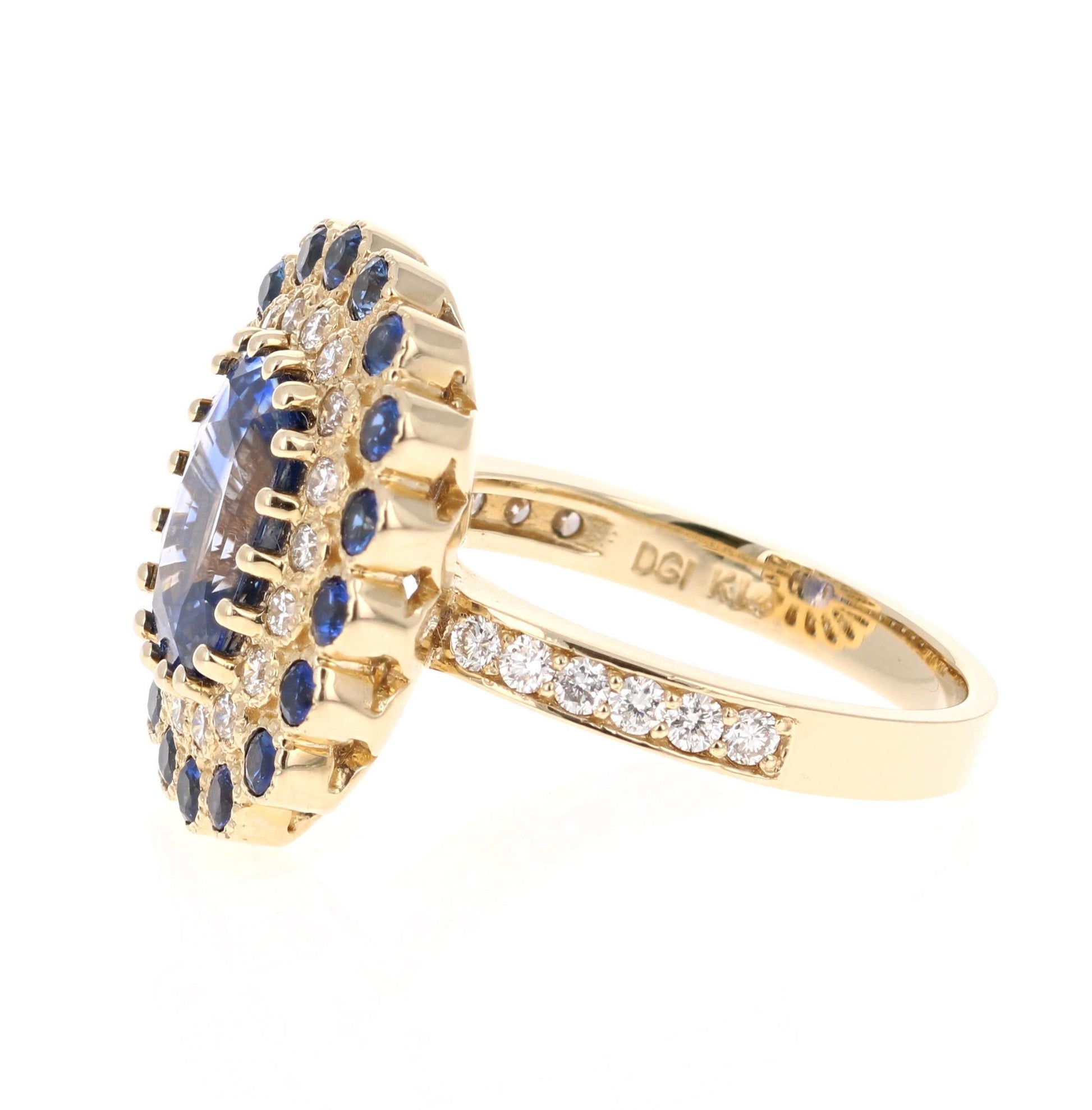 4.46 Carat Blue Sapphire Diamond 14 Karat Yellow Gold Ring