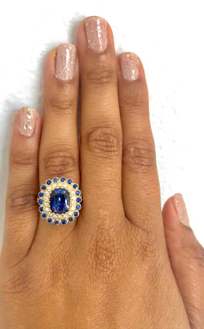 4.46 Carat Blue Sapphire Diamond 14 Karat Yellow Gold Ring