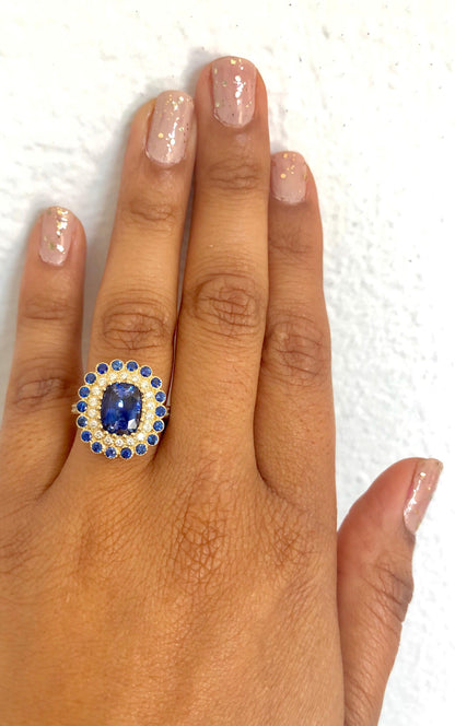 4.46 Carat Blue Sapphire Diamond 14 Karat Yellow Gold Ring