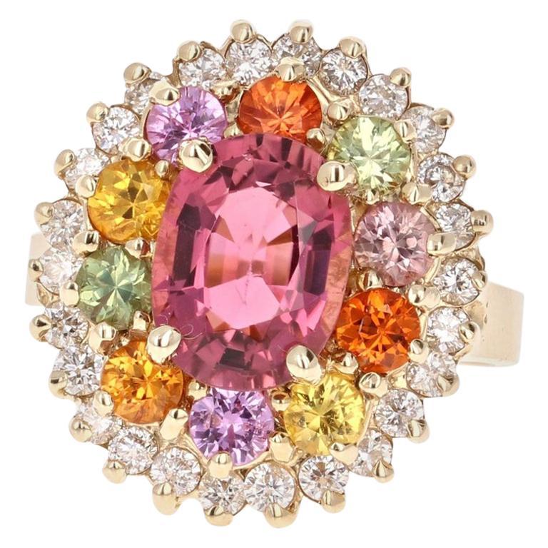 4.53 Carat Tourmaline Sapphire Diamond Yellow Gold Cluster Ring