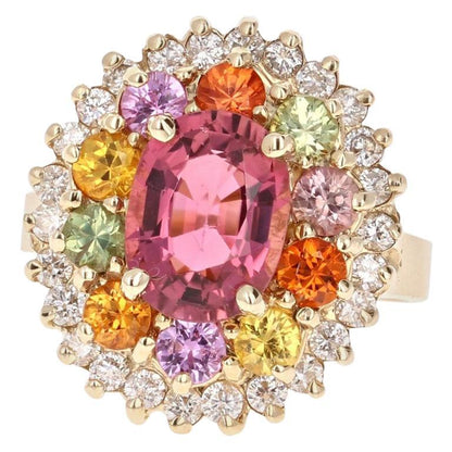 4.53 Carat Tourmaline Sapphire Diamond Yellow Gold Cluster Ring