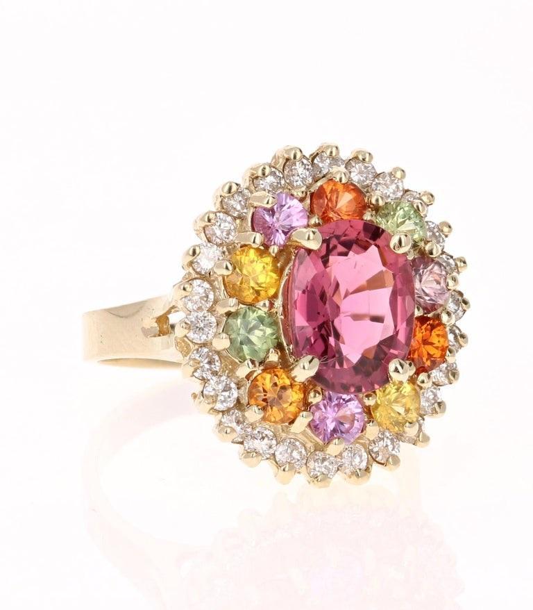 4.53 Carat Tourmaline Sapphire Diamond Yellow Gold Cluster Ring