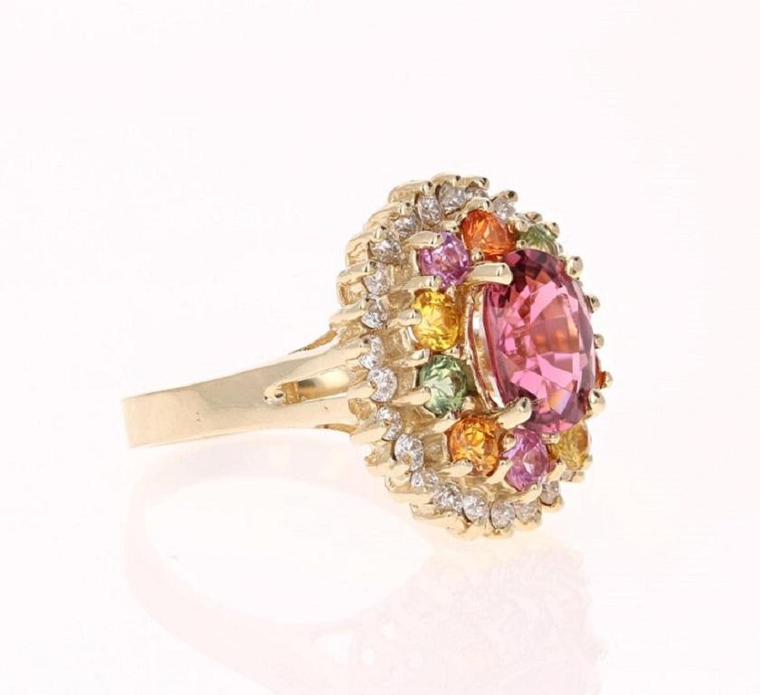 4.53 Carat Tourmaline Sapphire Diamond Yellow Gold Cluster Ring