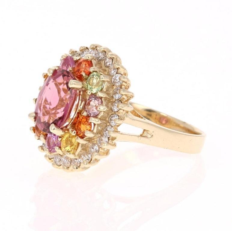 4.53 Carat Tourmaline Sapphire Diamond Yellow Gold Cluster Ring