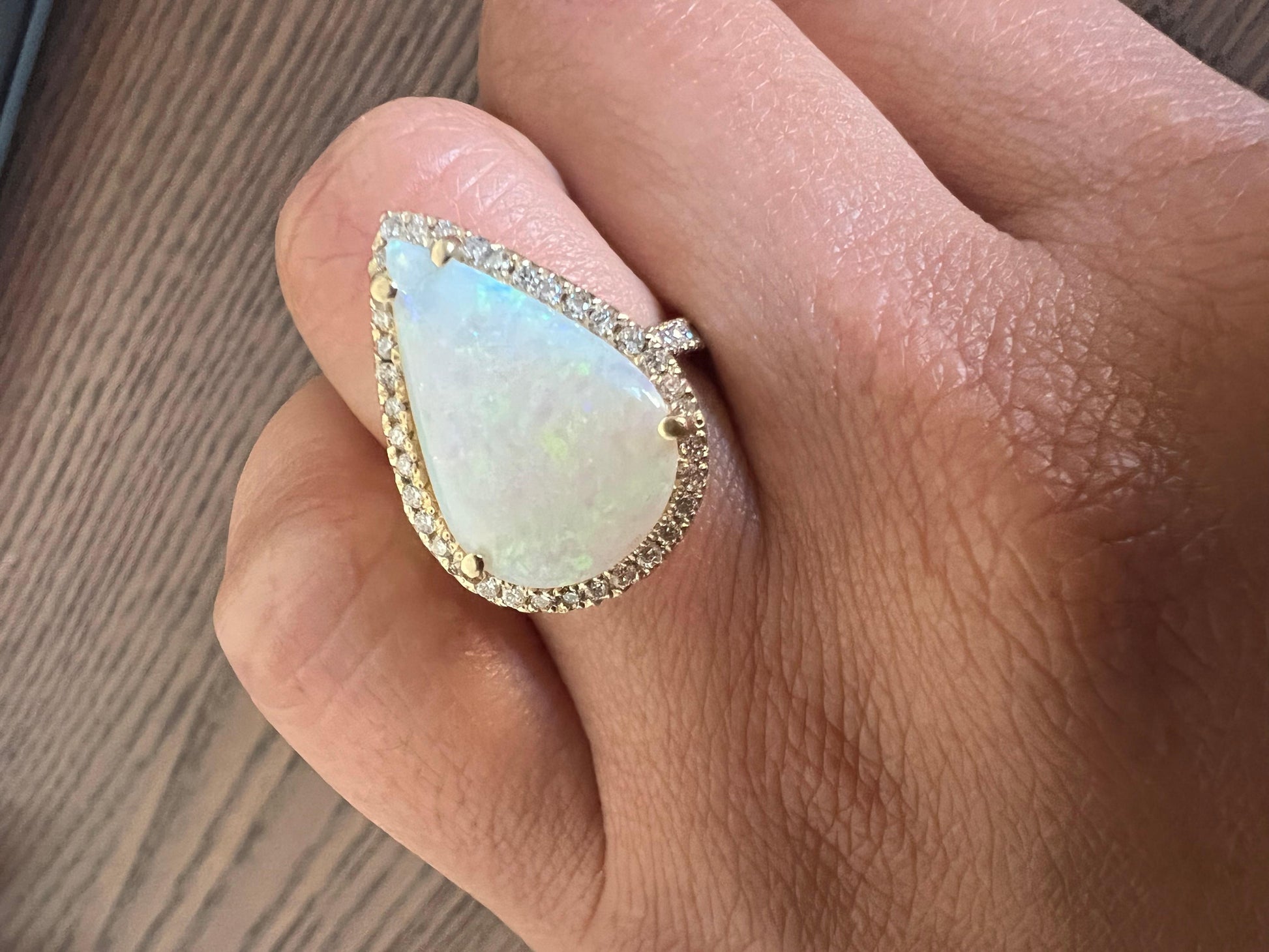 4.60 Carat Pear Cut Opal Diamond Yellow Gold Ring