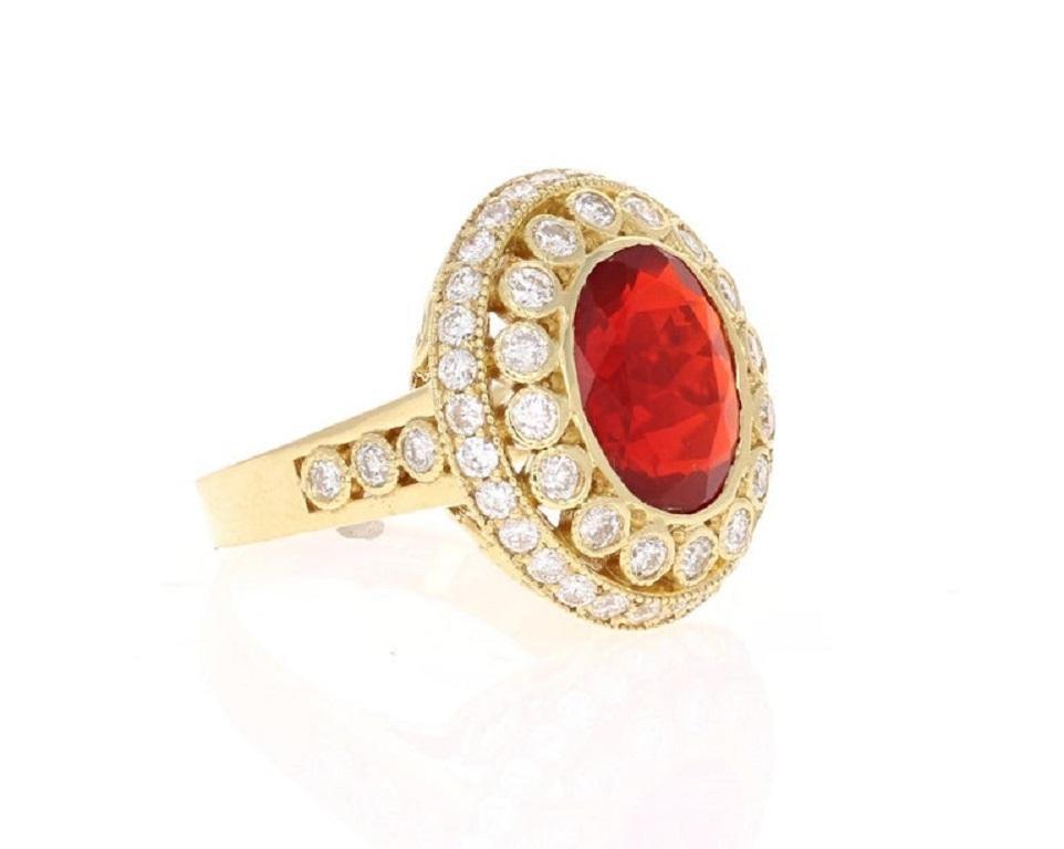 4.90 Carat Mexican Fire Opal Diamond 18 Karat Yellow Gold Cocktail Ring